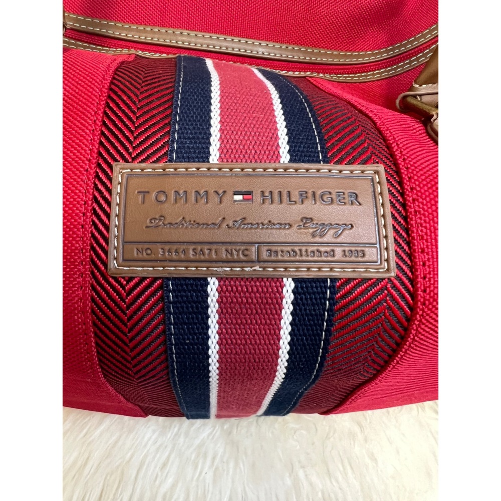 Tommy Hilfiger Rolling Duffel Red Canvas Logo Stripe Wheeled Travel Bag Nautical - Picture 2 of 7